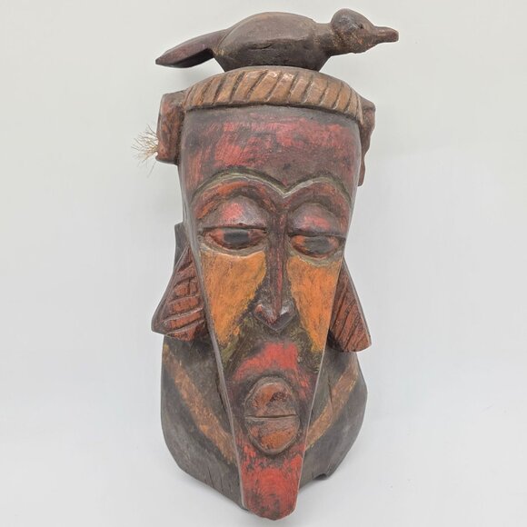 African Tribal Handcarved Wooden Mask With Bird Sculpture Decoration - Picture 2 of 10
